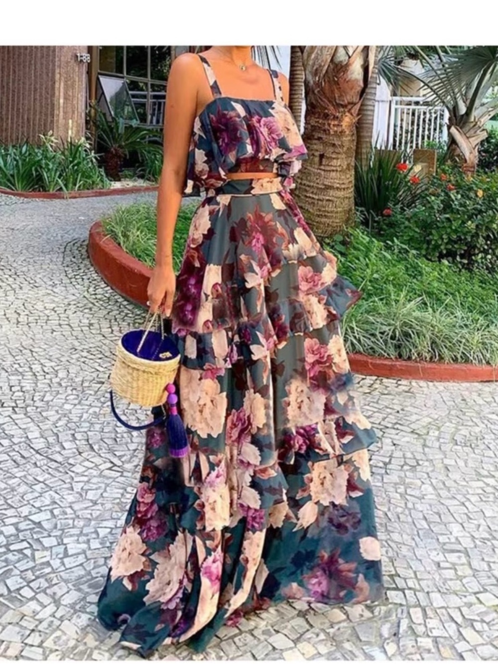 Floral Tiered Maxi Skirt in Teal and Purple - Picture 2 of 5
